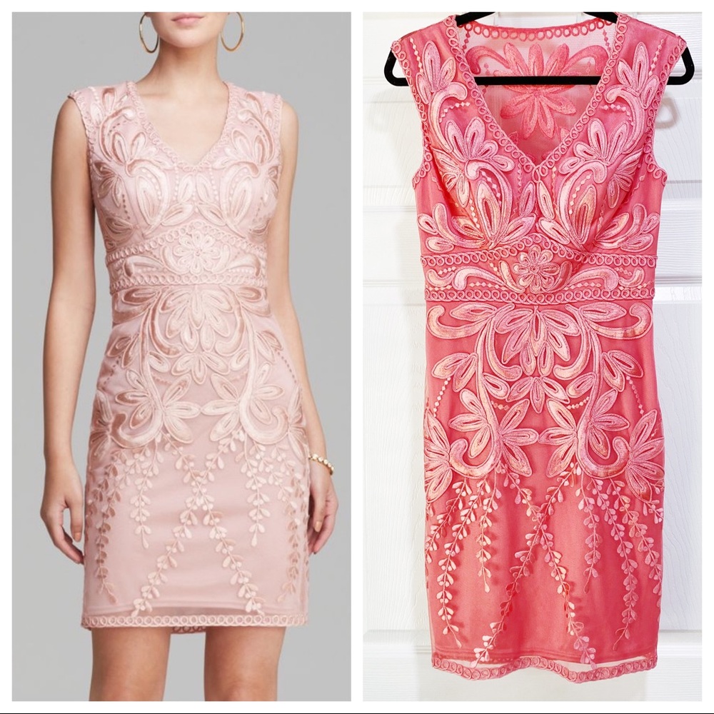 Sue Wong Embroidered Shift Dress Cap Sleeve V Neck Lace Coral Pink Flame Size 6